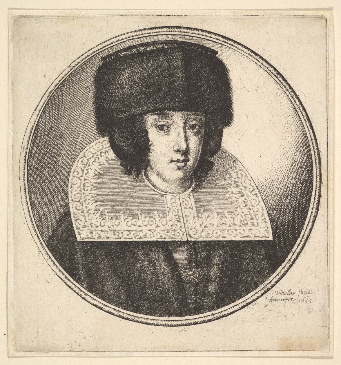 Mulher com gola de renda rígida e chapéu de pele chato, 1645. de Wenceslaus Hollar