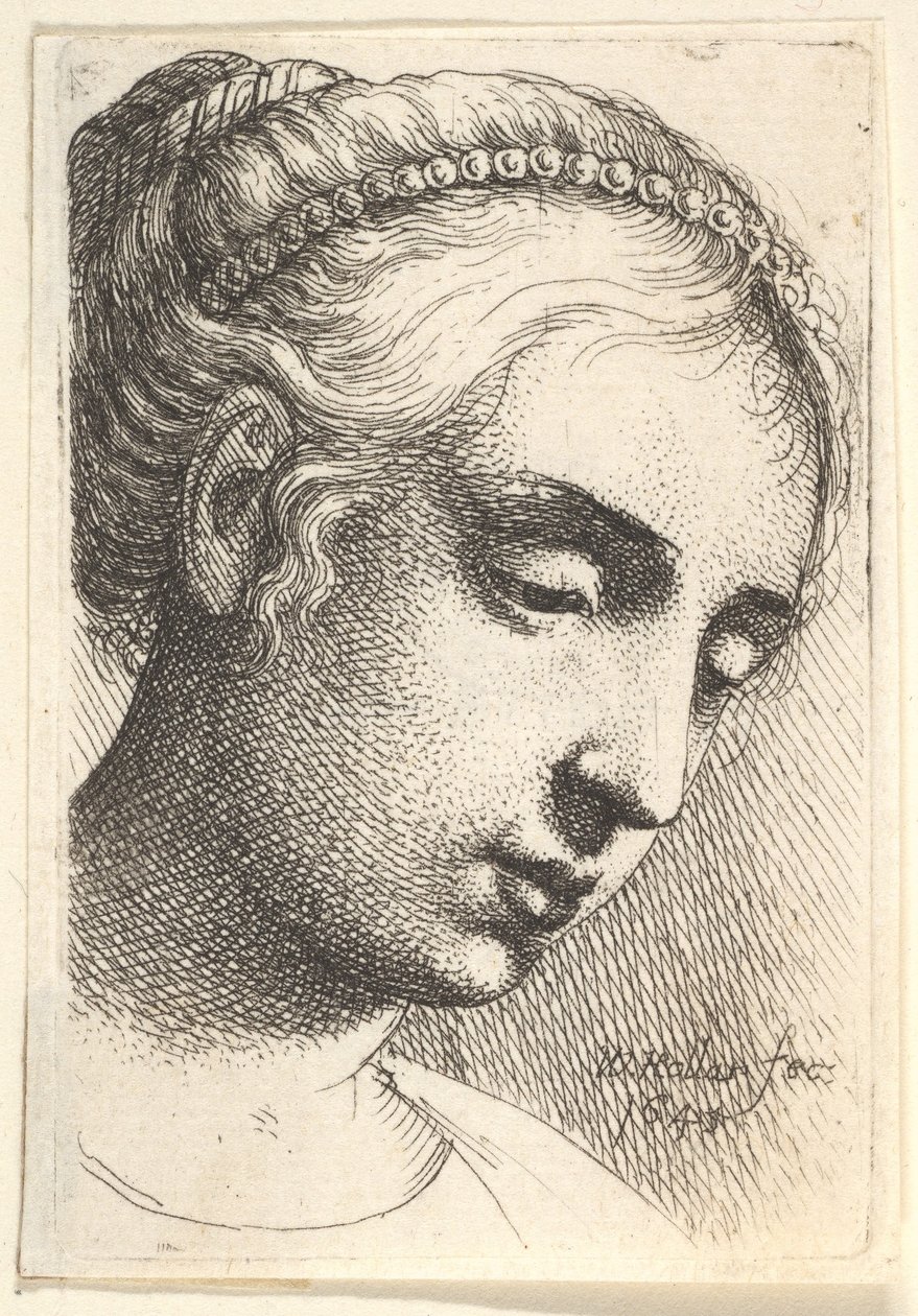 Mulher com colar de pérolas no cabelo, olhando para baixo para a direita, 1645. de Wenceslaus Hollar