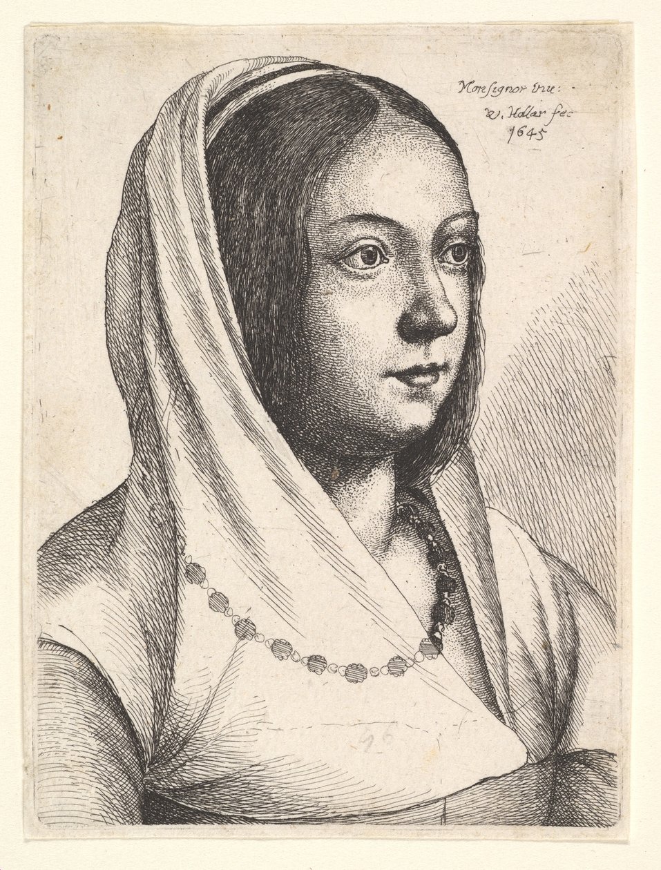 Jovem mulher com um lenço na cabeça, depois de Bonsignori, 1645. de Wenceslaus Hollar