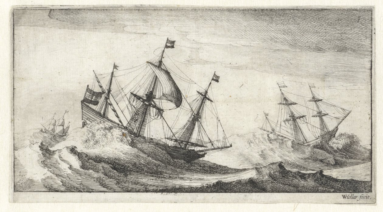 Navios à vela em uma tempestade no mar Seascapes (título da série) de Wenceslaus Hollar