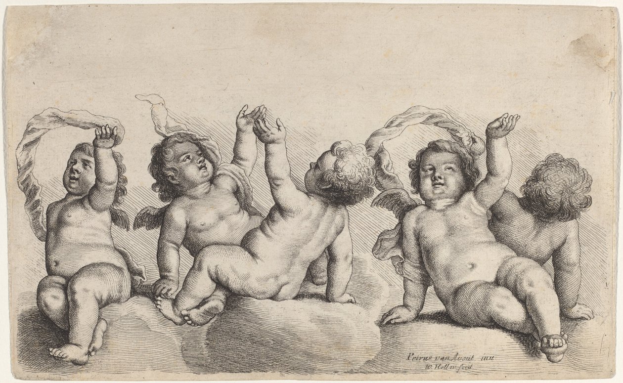 Três querubins e dois meninos, cada um levantando um braço nas nuvens de Wenceslaus Hollar, after Peeter van Avont