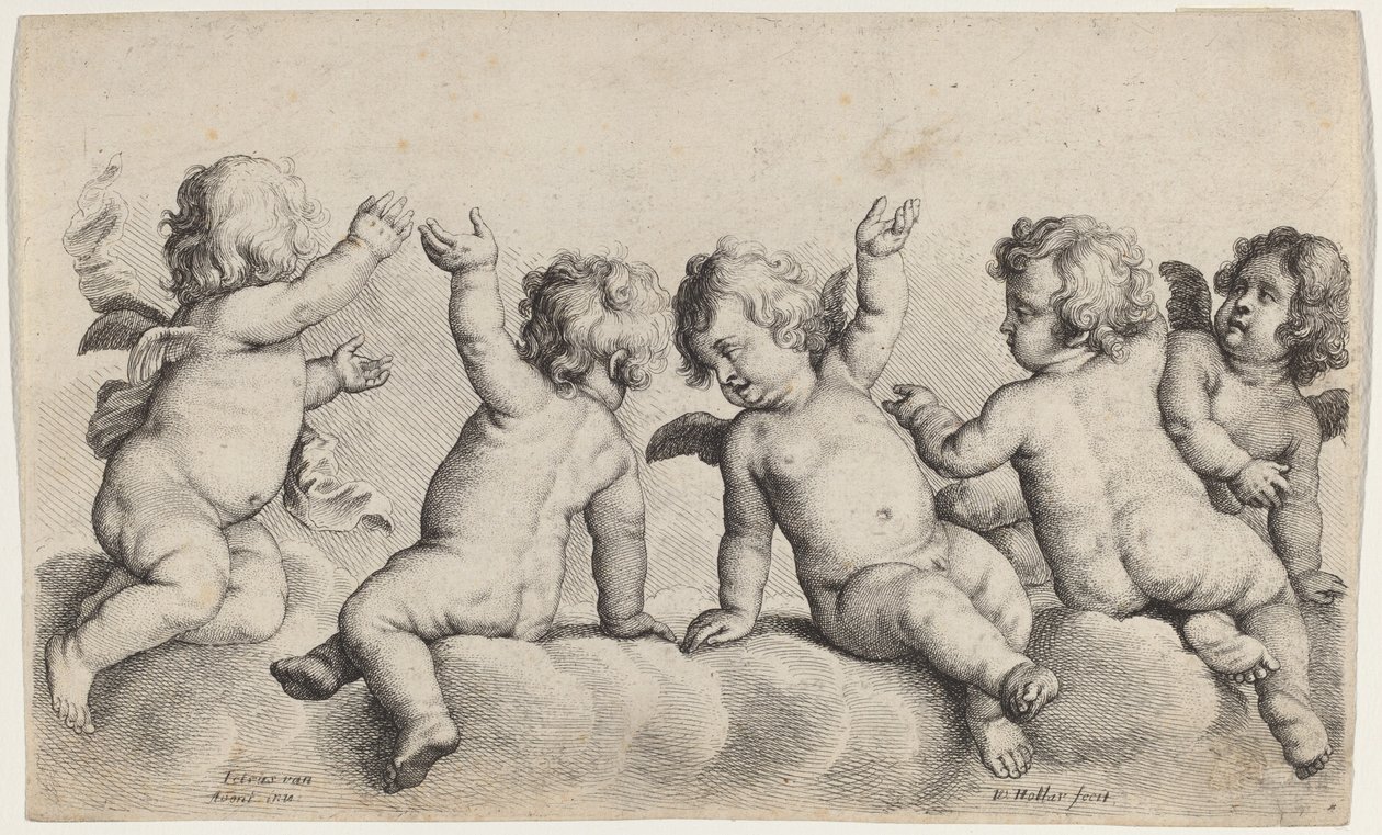Três querubins e dois meninos nas nuvens de Wenceslaus Hollar, after Peeter van Avont