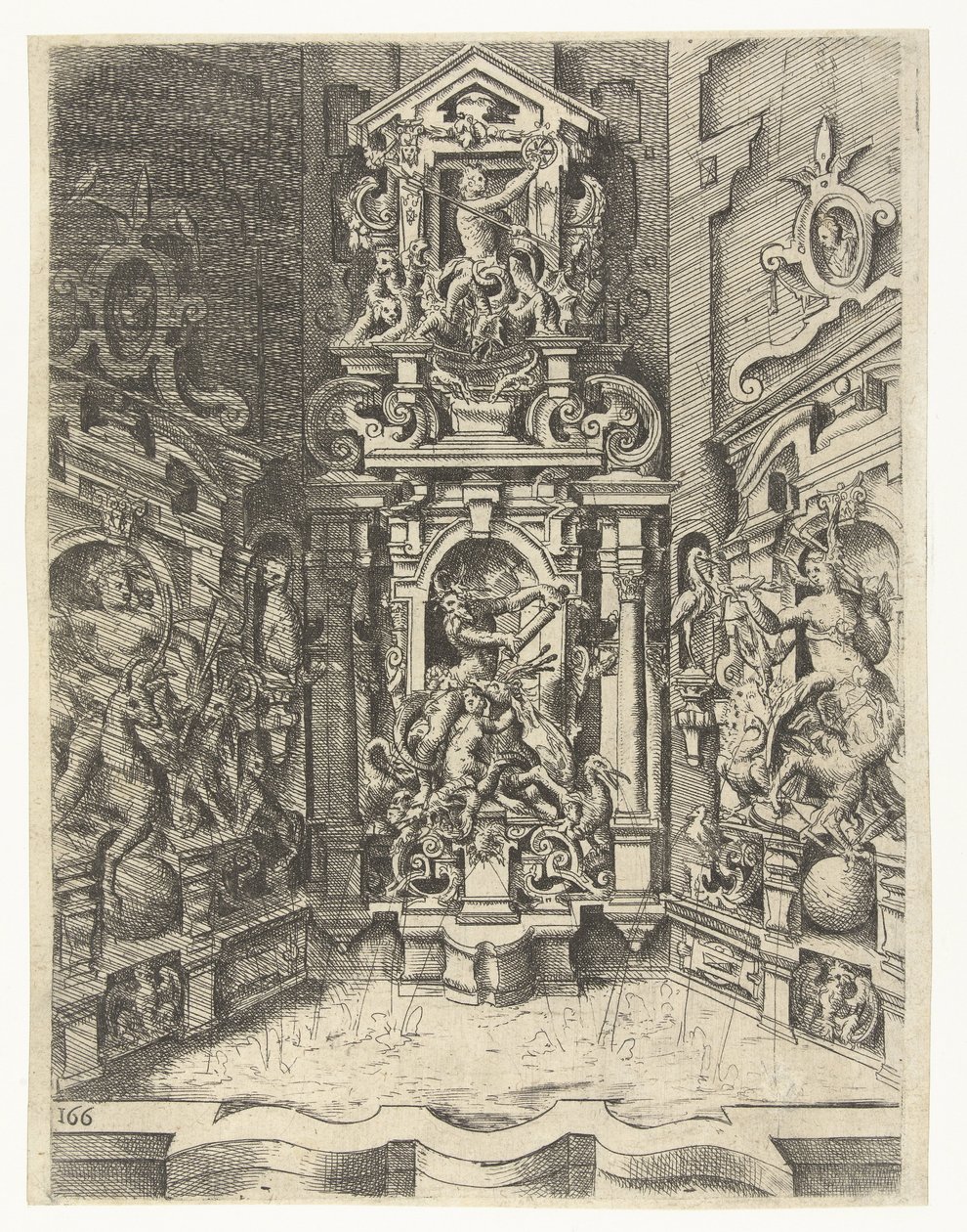 Grande fonte construída entre três paredes
Fontes, poços, lareira, capitéis, janelas e retábulos (título da série) de Wendel Dietterlin (I)