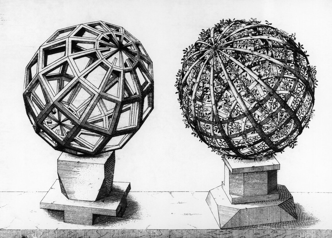 Ilustração Perspectiva, duas esferas, gravura de Perspectiva Corporum Regularium, de Wentzel Jamnitzer (1508-1585), Nuremberga de Wenzel I Jamnitzer