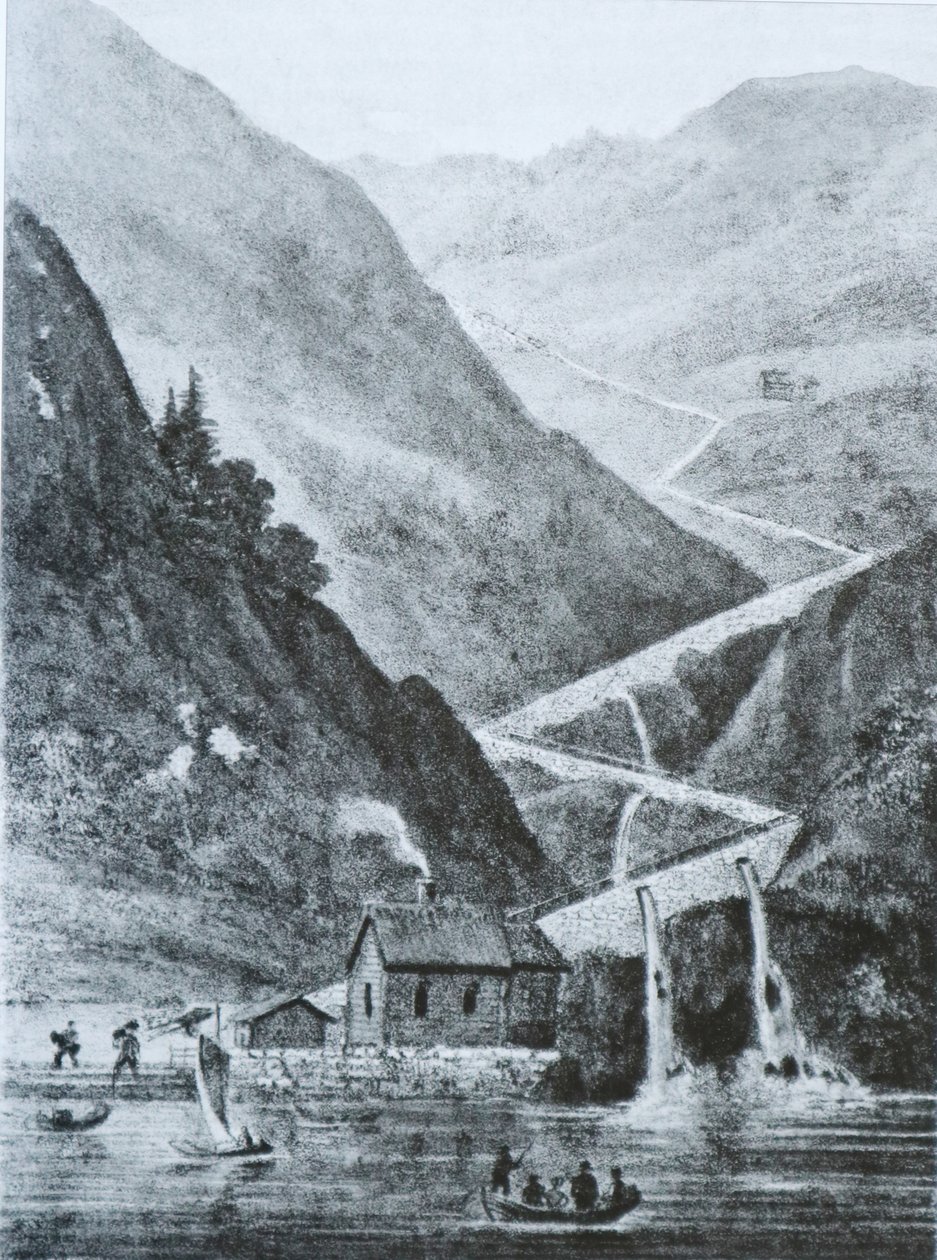 Estrada principal de Vestlandet para o leste de Fedafjorden, Rørvikkleven. litografia de Peter Frederik Wergmann