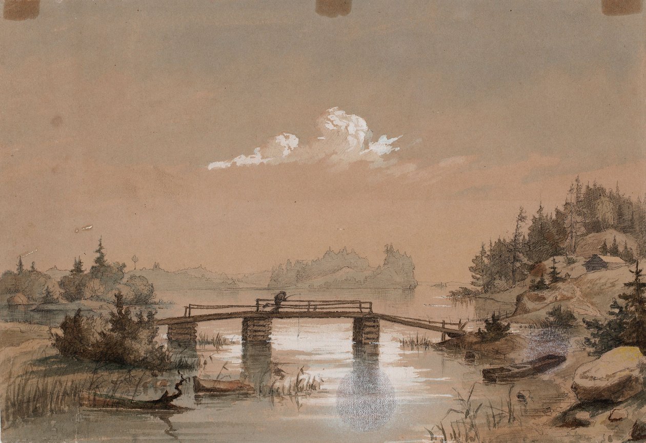 Paisagem lacustre, homem a pescar numa ponte de Werner Holmberg
