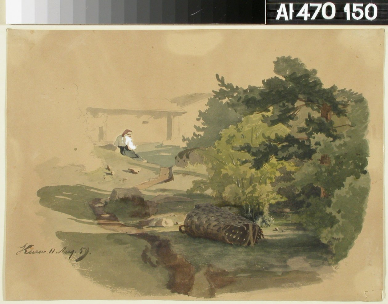 Landschaft mit Schindelkorb und sitzender Frau de Werner Holmberg