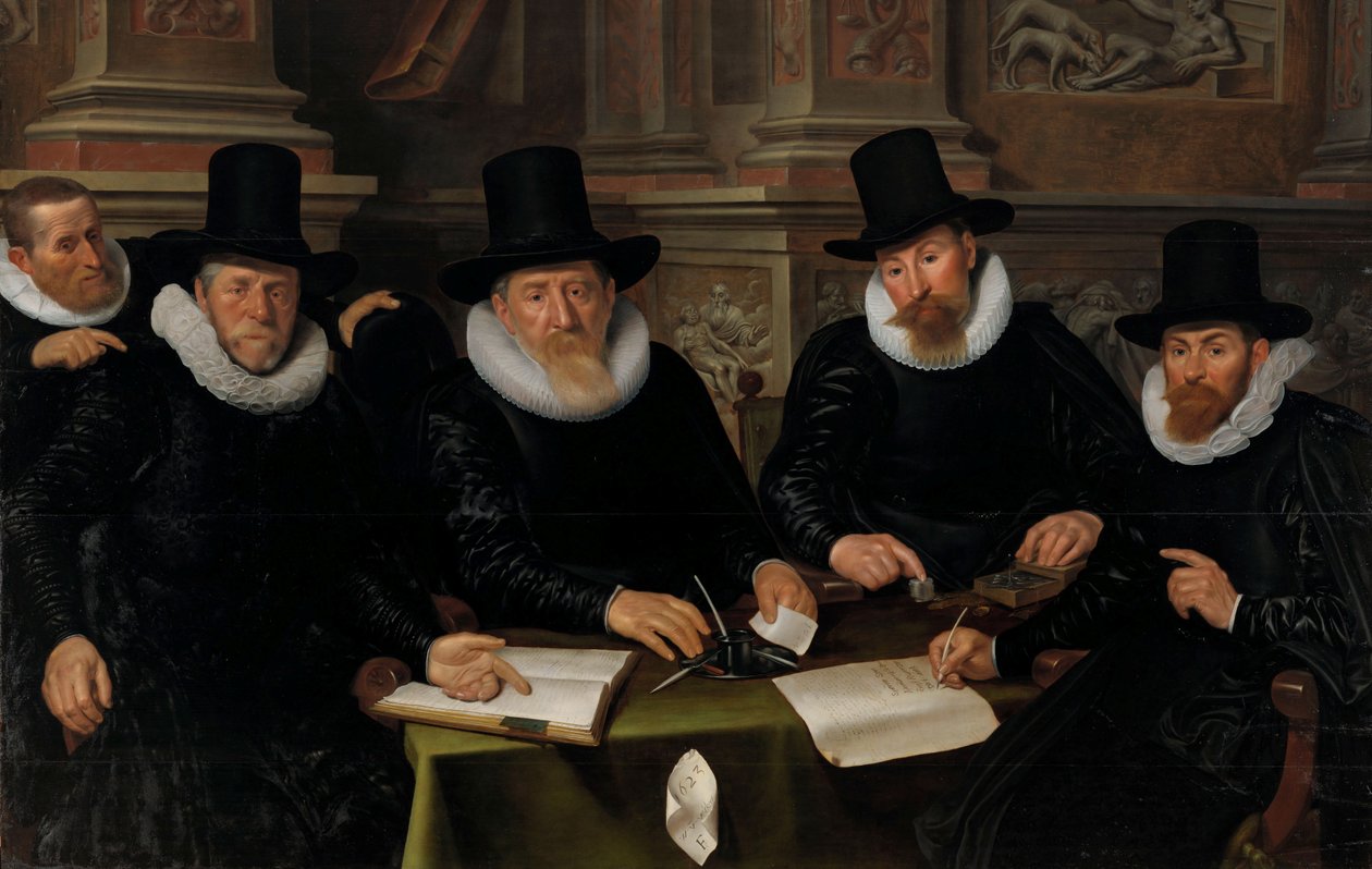 Quatro regentes e o &39;pai da casa&39; do asilo de leprosos de Amsterdã, 1624 de Werner Jacobsz van den Valckert