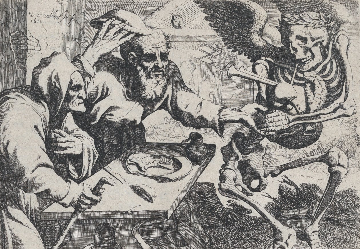 Casal Velho e Morte com Gaitas de foles, 1612. de Werner Jacobsz. van den Valckert