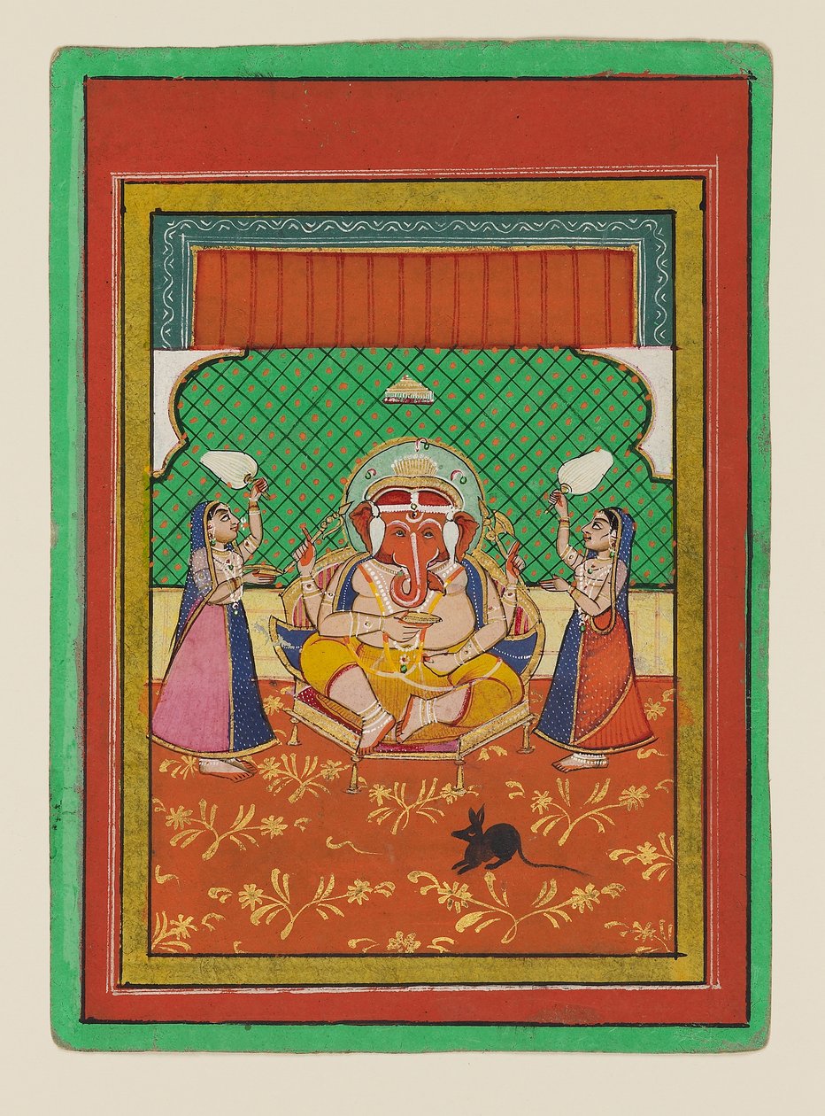 Ganesha sentado com assistentes, finais do século XIX-início do século XX (guache sobre papel) de West Indian School