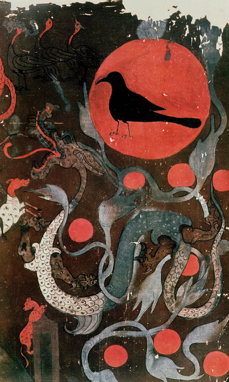 &39;Legend of the Nine Suns&39;, detalhe de uma pintura em forma de T de Tomb No.1 em Mawangdui, Ch&39;ang-Sha, província de Hunan (tinta e cor em seda) (detalhe) de Western Han Dynasty Chinese School