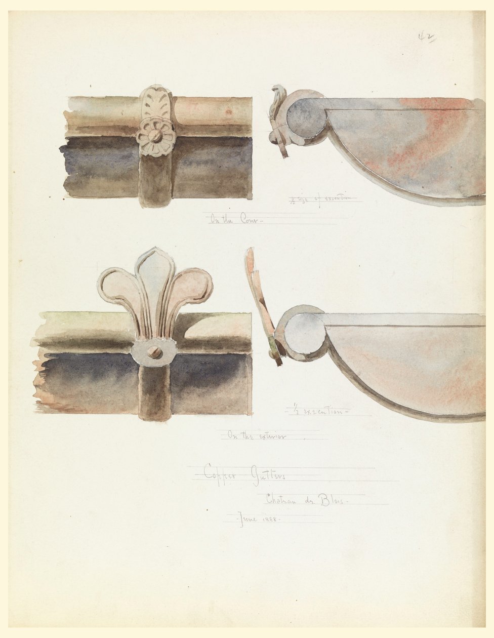 Desenho, duas calhas de cobre, de um castelo do século XVI, Blois, França, junho de 1888 de Whitney Warren Jr.