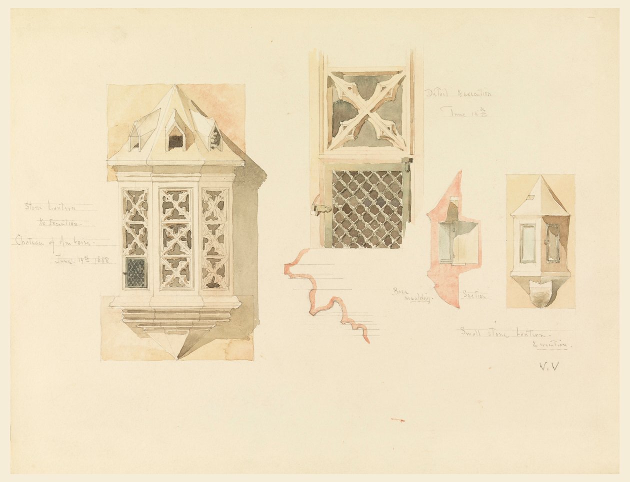 Desenho, representação de duas lanternas de pedra, do castelo de Amboise, França, 14-15 de junho de 1888 de Whitney Warren Jr.