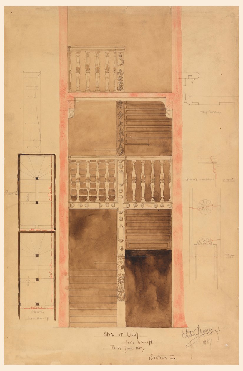 Desenho, Escada de Cluny, Paris, 1887 de Whitney Warren Jr.