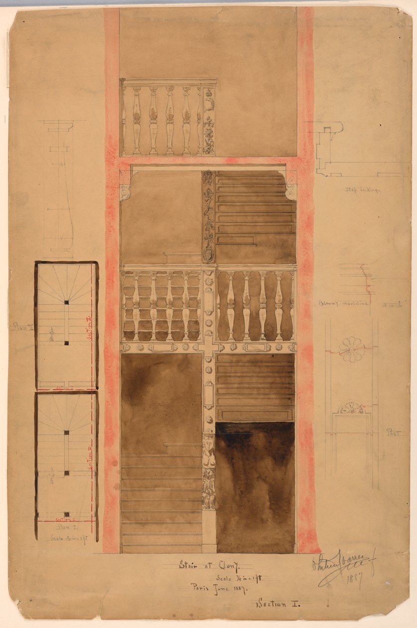 Desenho, Escada de Cluny, Paris, 1887 de Whitney Warren Jr.
