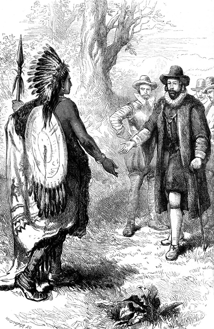 Recepção de um guerreiro Narragansett por John Winthrop, Massachusetts, c1630s c1880 de Whymper
