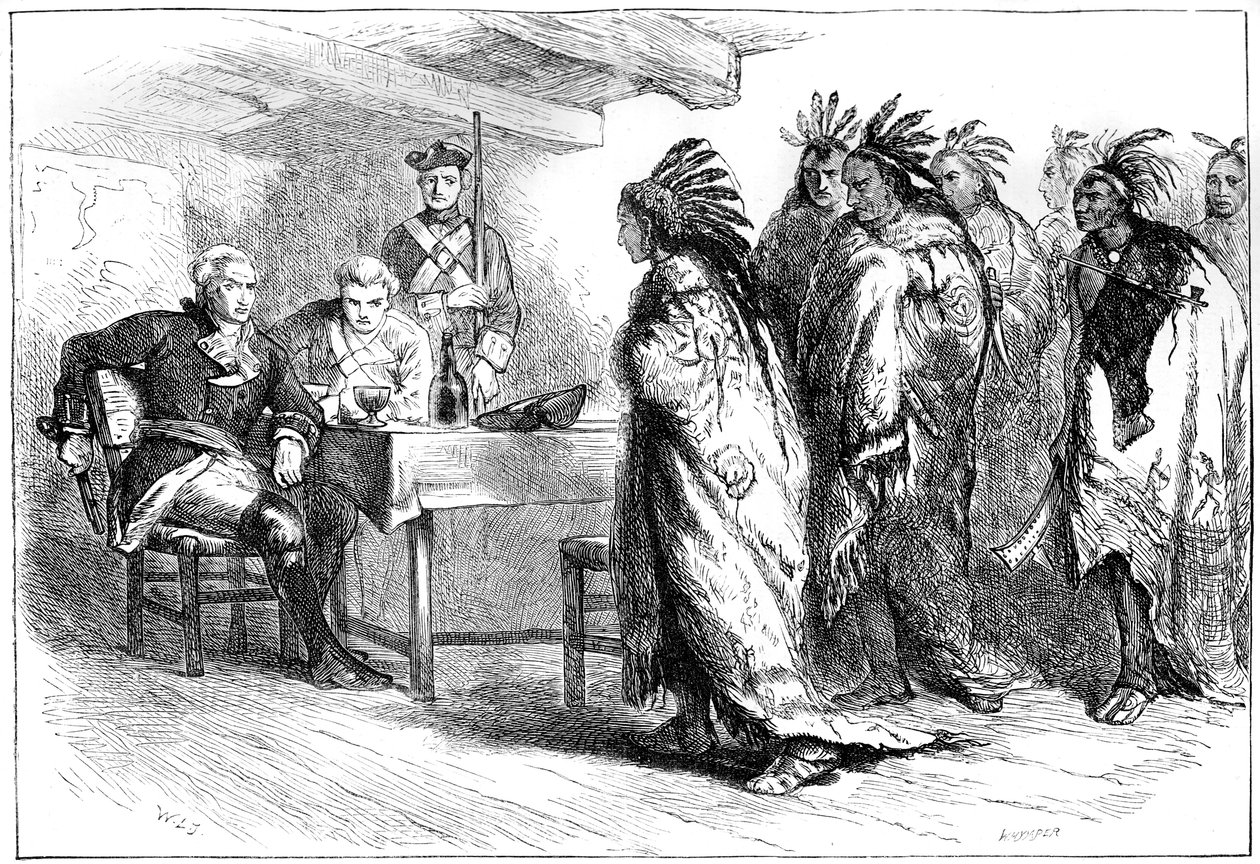 Visita de Pontiac e dos índios ao Major Gladwin, 1763 c1880. de Whymper