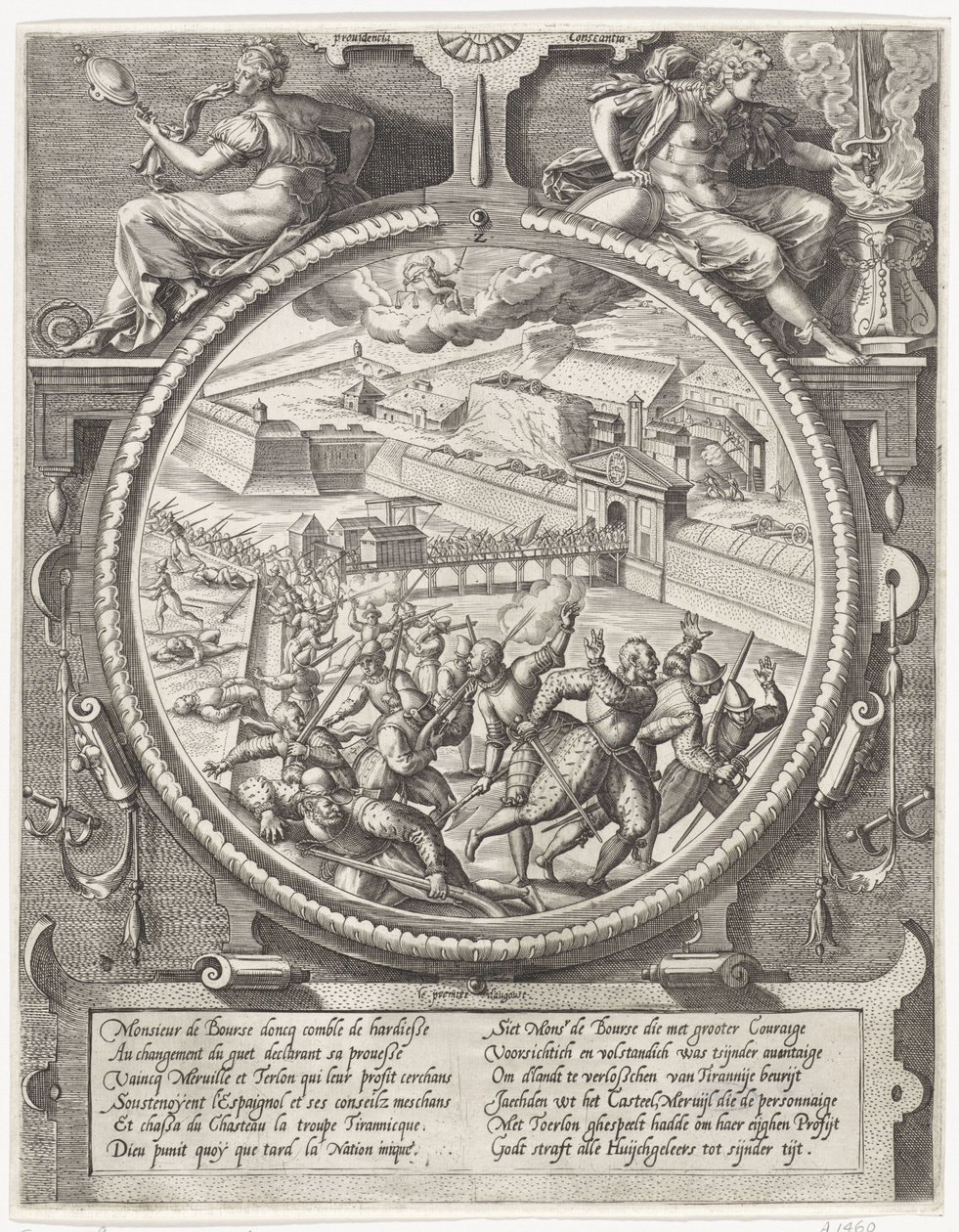 As tropas de Bourse expulsam os soldados alemães de Treslong e Merville da cidadela, 1577
Medalhões que representam a captura da cidadela de Antuérpia em 1577 (título da série) de Wierix