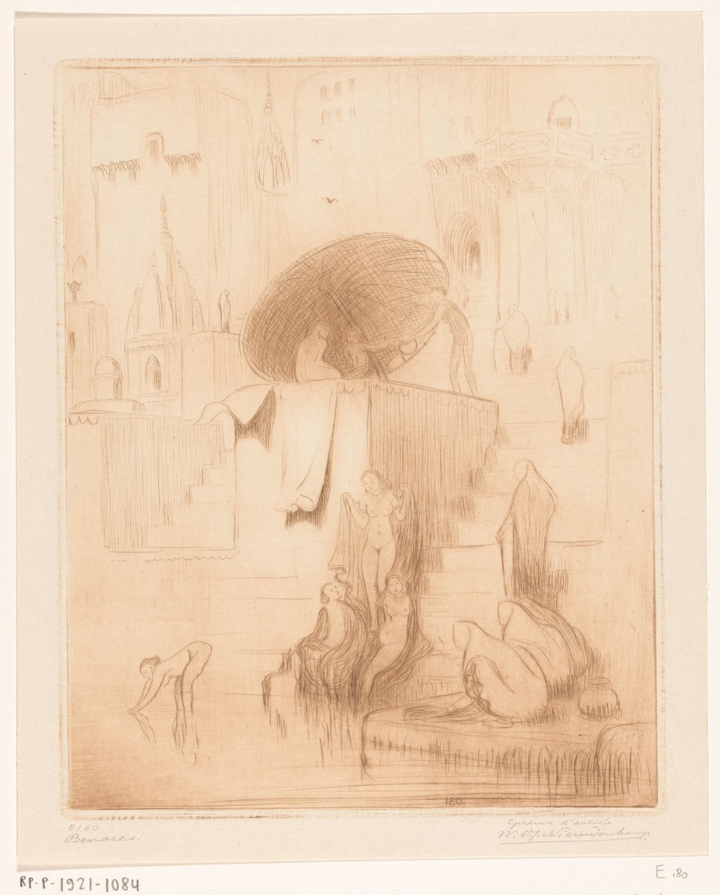 Banho e lavagem de mulheres nas margens do Ganges em Benares Benares (título original) de Wijnand Otto Jan Nieuwenkamp (signed by artist)