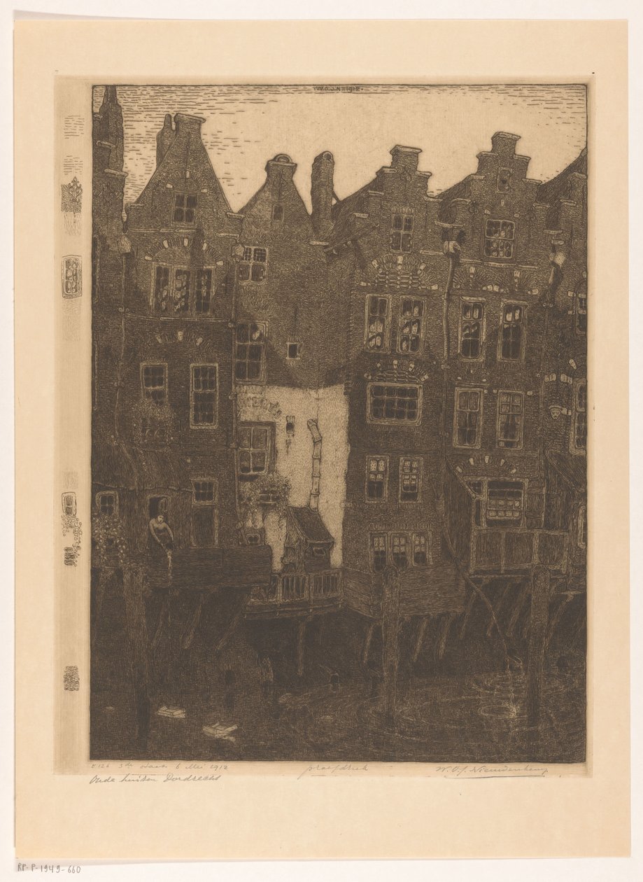 Casas no Voorstraathaven em Dordrecht O canal, Dordrecht (título original) Casas antigas, Dordrecht (título no objeto) de Wijnand Otto Jan Nieuwenkamp (signed by artist)