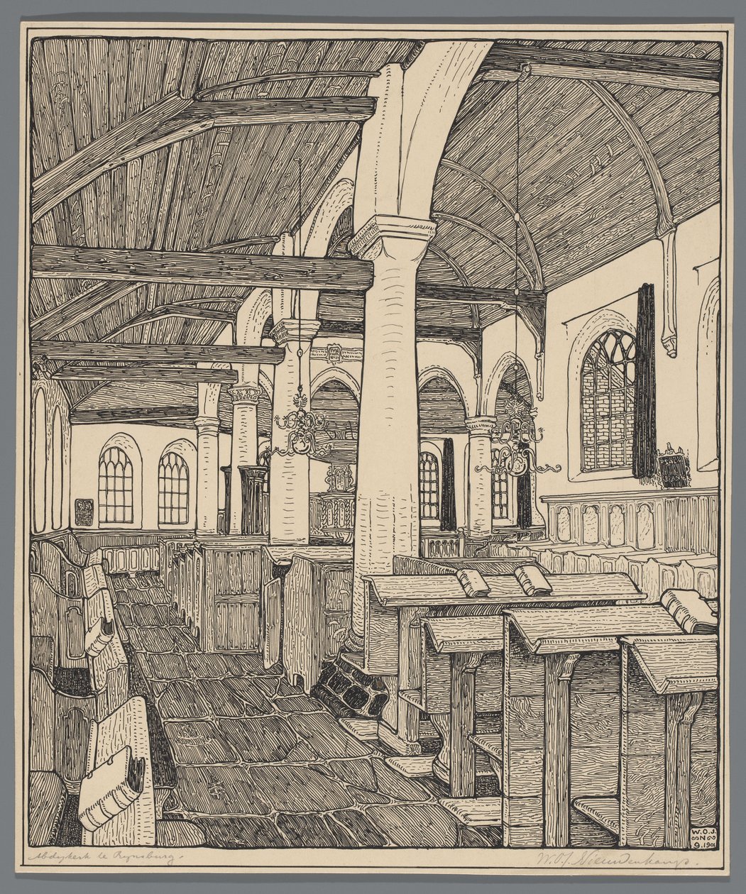 Interior da igreja da Abadia em Rijnsburg de Wijnand Otto Jan Nieuwenkamp (signed by artist)