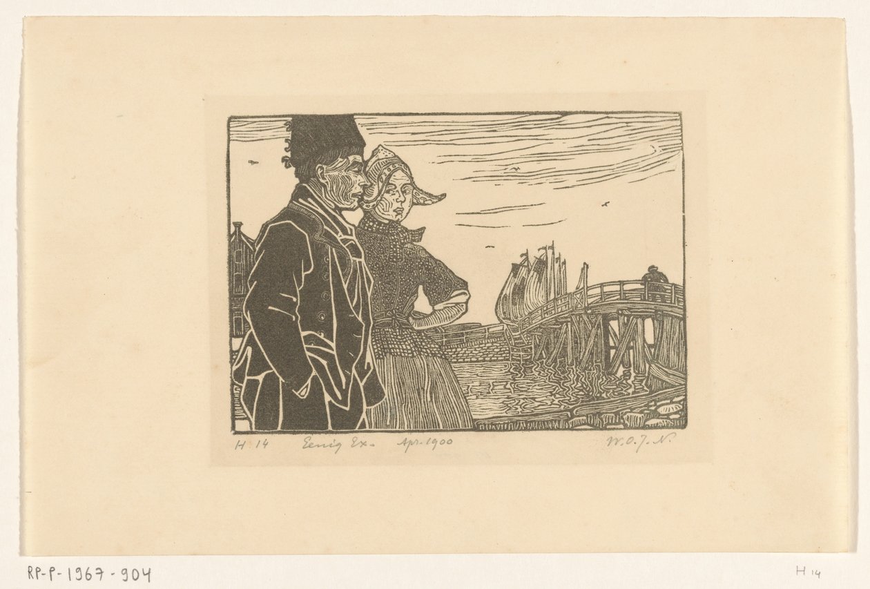 Homem e mulher em traje tradicional de Volendam O casal (título original) de Wijnand Otto Jan Nieuwenkamp (signed by artist)