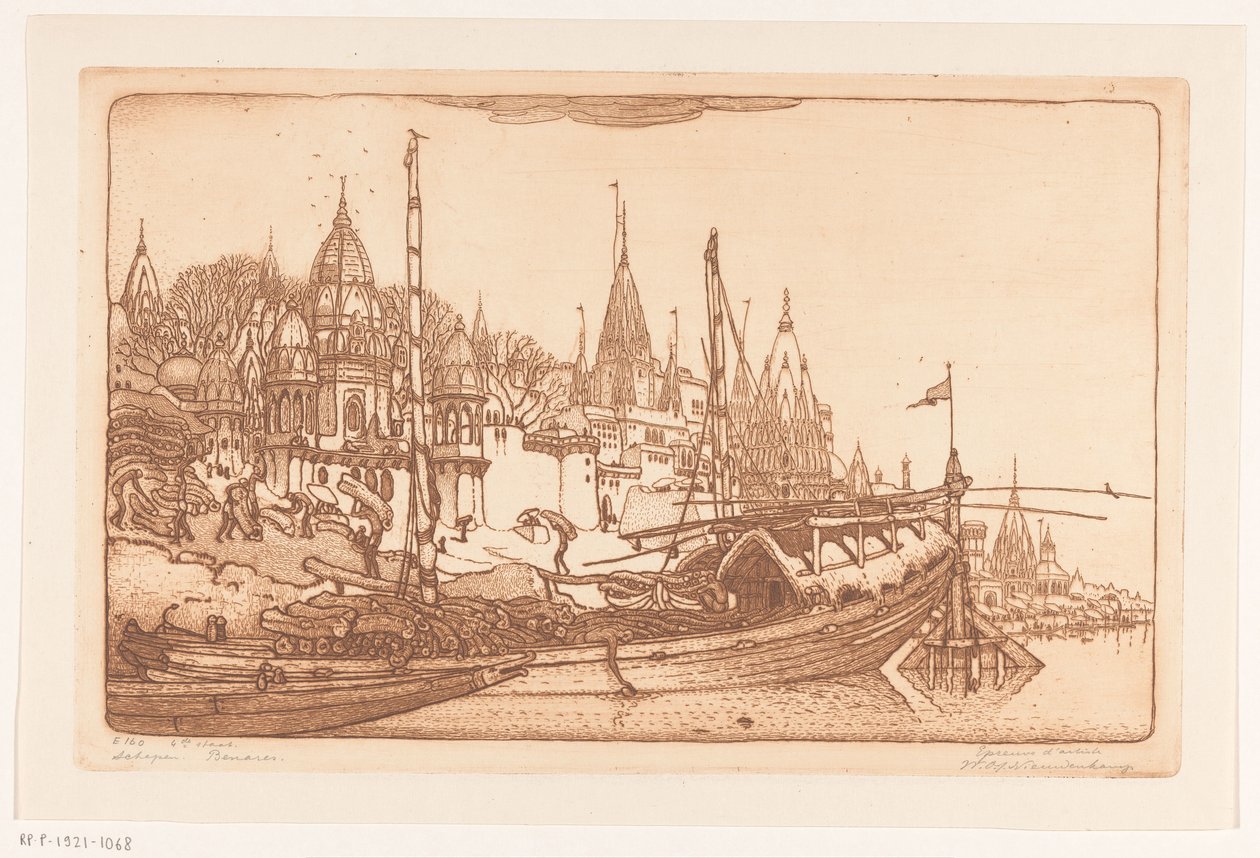 Navio com lenha na margem do Ganges em Benares Navio com lenha, Benares (título original) Navios, Benares (título no objeto) de Wijnand Otto Jan Nieuwenkamp (signed by artist)