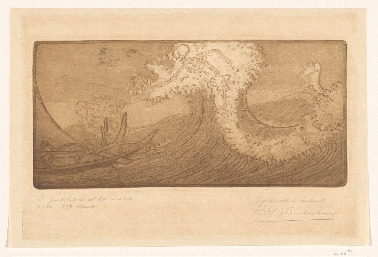 Pescadores no mar e morte O Viajante e a Morte (título original) Le Pecheur et la Mort (título no objeto) de Wijnand Otto Jan Nieuwenkamp (signed by artist)