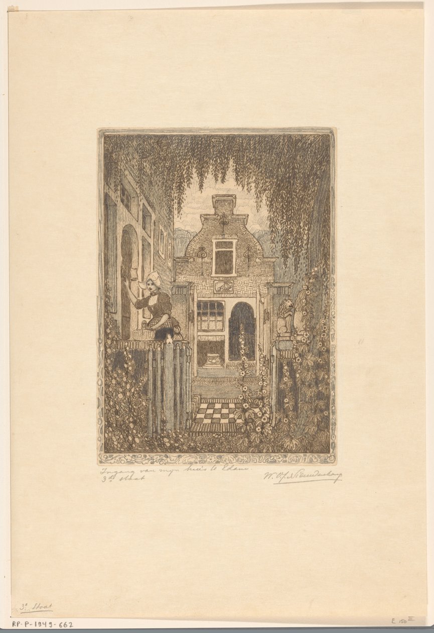 Mulher de fato batendo numa porta da frente em Edam
Na porta da frente (título original)
Entrada na minha casa em Edam (título sobre o objecto) de Wijnand Otto Jan Nieuwenkamp (signed by artist)