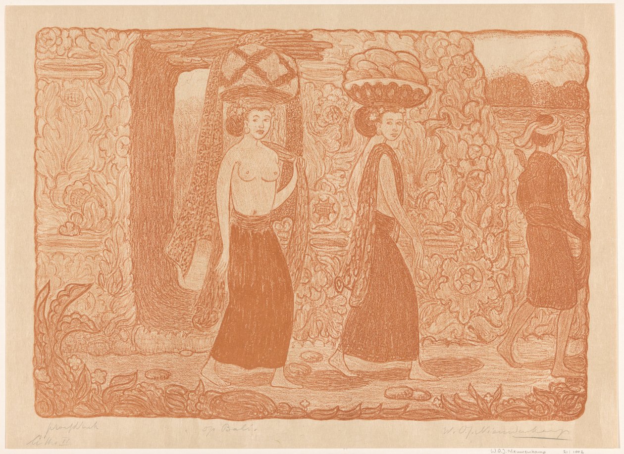 Mulheres carregando objetos em suas cabeças em um templo em Bali Em um templo, Bali (título original) Em Bali (título no objeto) de Wijnand Otto Jan Nieuwenkamp (signed by artist)