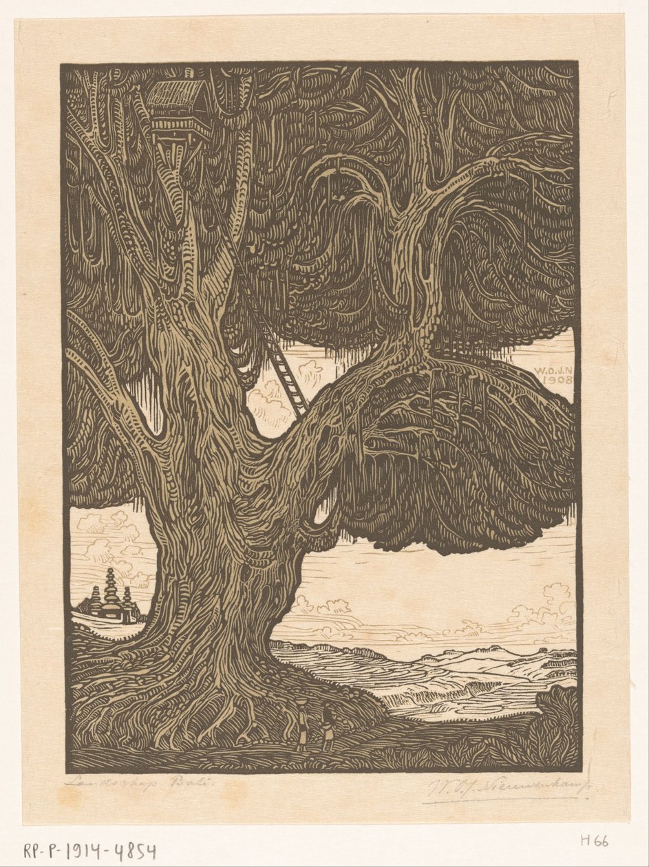 Waringin com casa na árvore no sul de Bali A guarita, South Bali (título original) Paisagem Bali (título no objeto) de Wijnand Otto Jan Nieuwenkamp (signed by artist)
