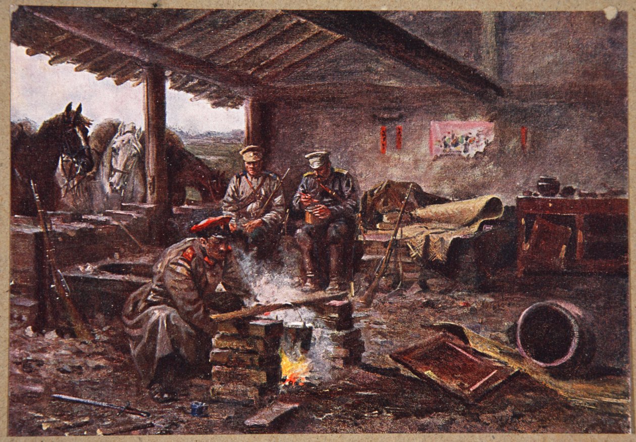 Dragões do 51 Regimento abrigados em uma fansa demolida, ilustração da &39;Manchúria: imagens da Guerra Russo-Japonesa&39;, editada por A. Martynoff, St. Petersburg, 1907 de Wiktor Mazourowsky