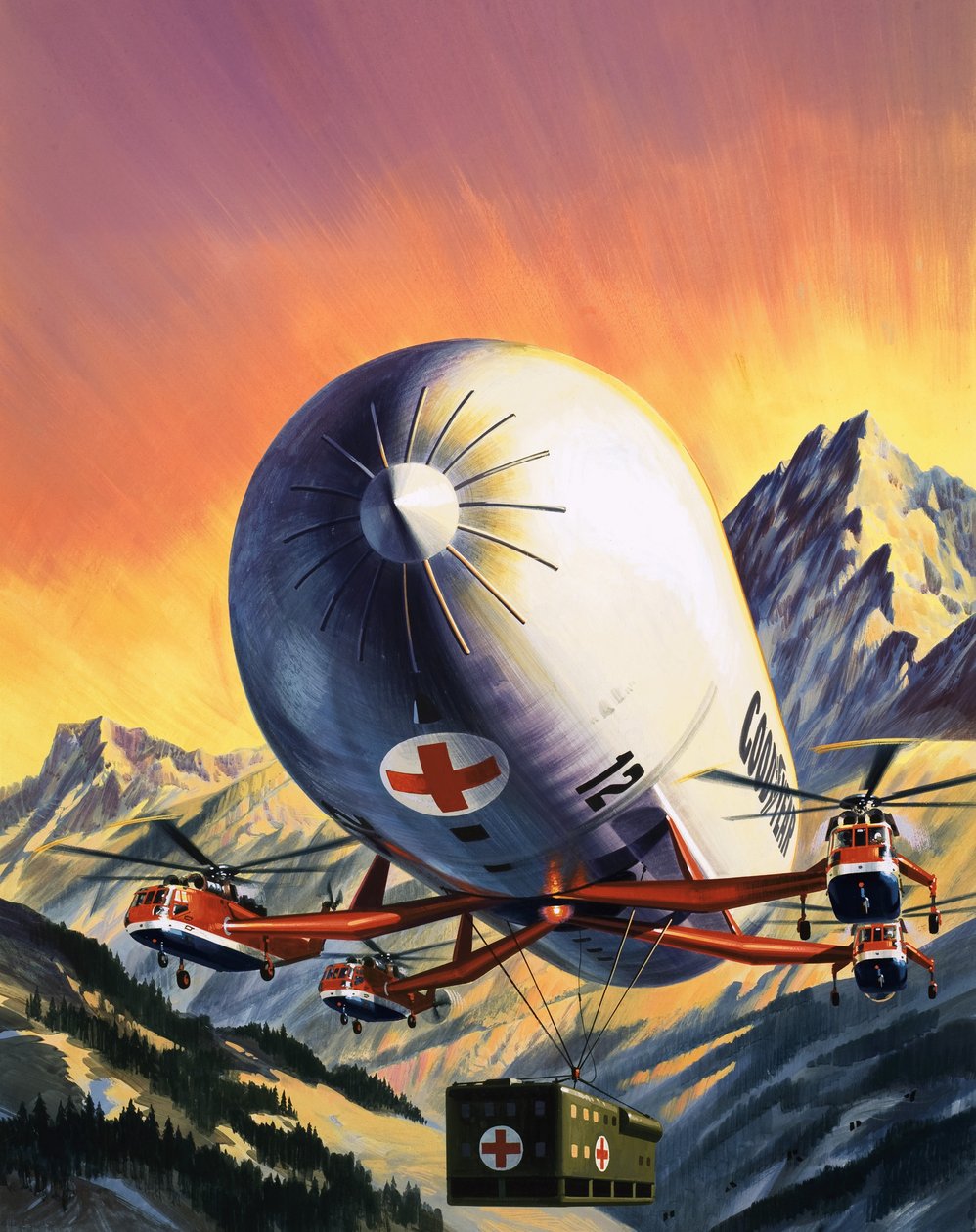 Uma combinação futurista de helicópteros e dirigíveis utilizada para transportar grandes cargas de Wilf (20th century) Hardy