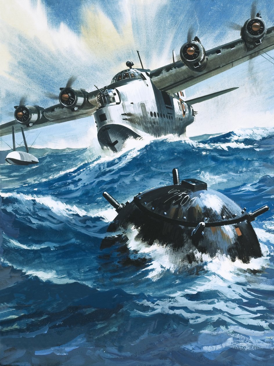 Quando o oficial de voo G. O. Singleton acionou o motor do Short Sunderland, viu uma mina à deriva de Wilf (20th century) Hardy