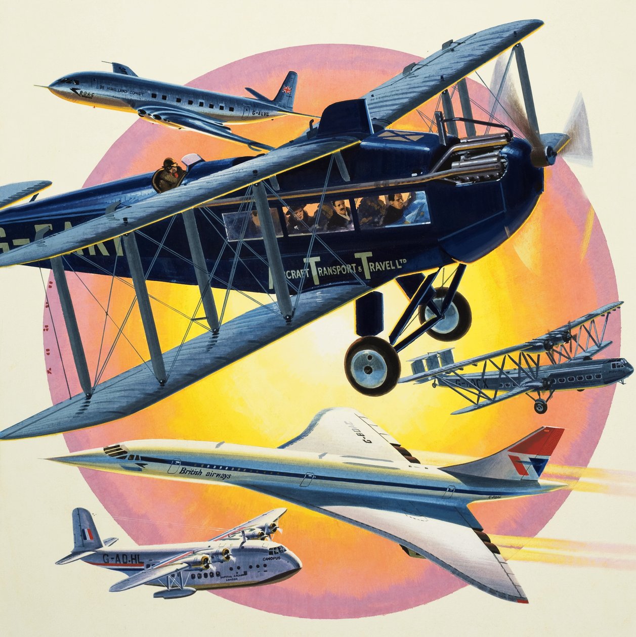Montagem de aviões de passageiros, incluindo o Concorde (guache sobre papel) de Wilf (20th century) Hardy
