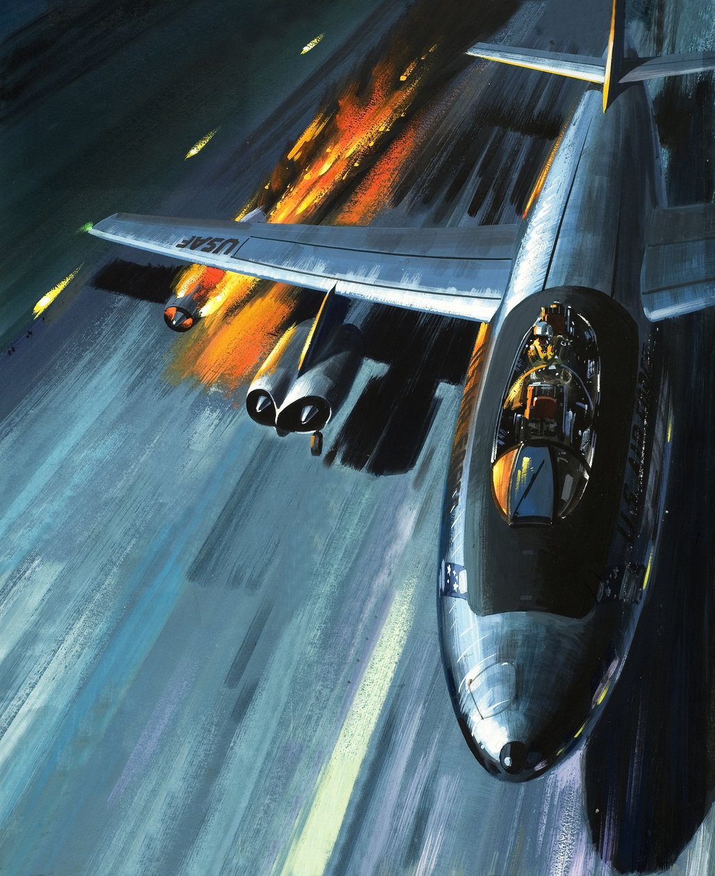 Pesadelo num bombardeiro em chamas, ilustração de "Homens e Máquinas de Wilf (20th century) Hardy