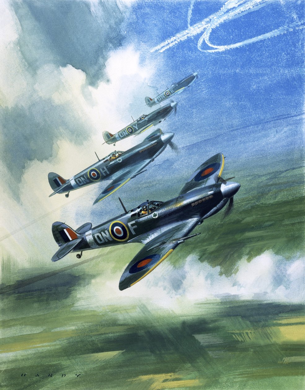 Voo de patrulha do Esquadrão 416, Força Aérea Real Canadiana, Spitfire Mark 9s (guache sobre papel) de Wilf (20th century) Hardy