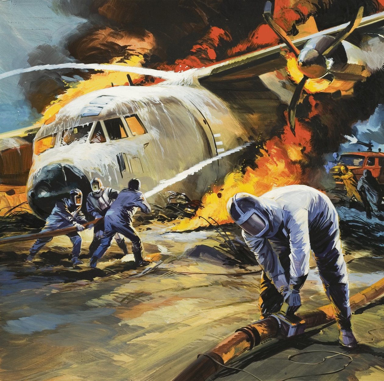 Apagar um incêndio após um acidente de aviação de Wilf (20th century) Hardy