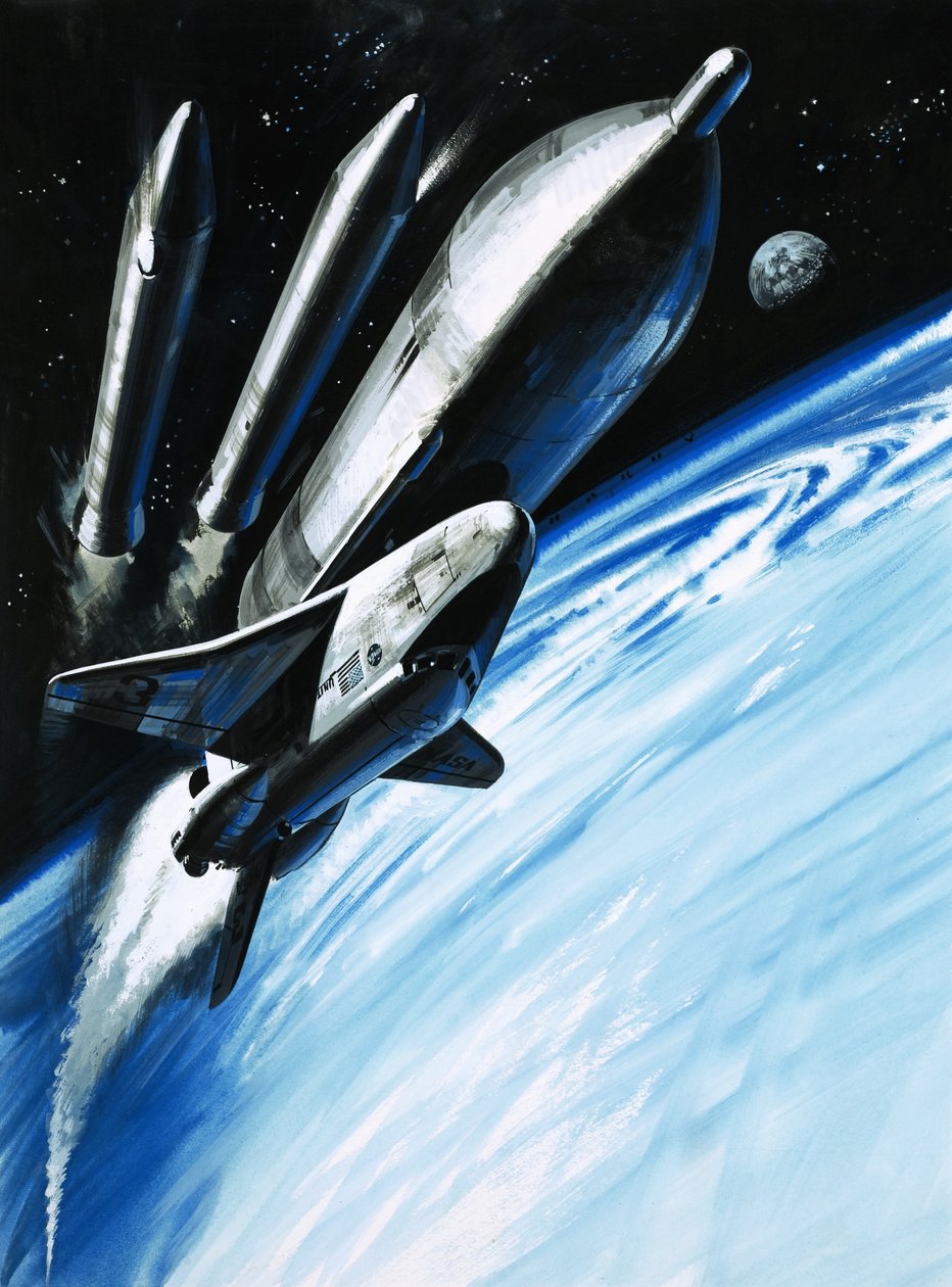 O vaivém espacial no momento em que se desprende de dois dos seus motores de foguetão de Wilf (20th century) Hardy