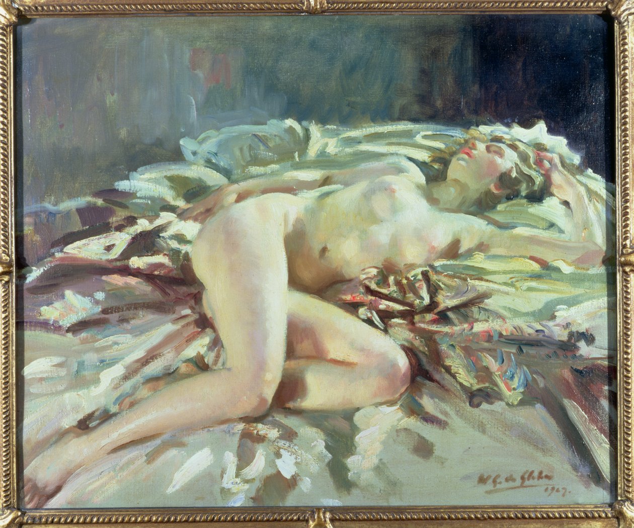 Nu feminino reclinado em uma cama de Wilfred Gabriel de Glehn