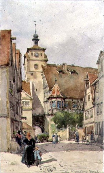 Cena de rua, Rotenburg, mostrando o Weisser Turm e o Judentanzhaus de Wilfrid Williams Ball