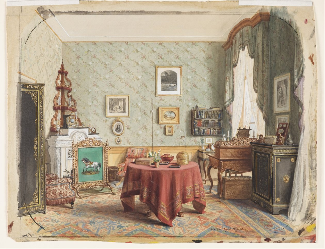 Uma sala de estar com uma mesa de escrita de Wilhelm Amandus Beer