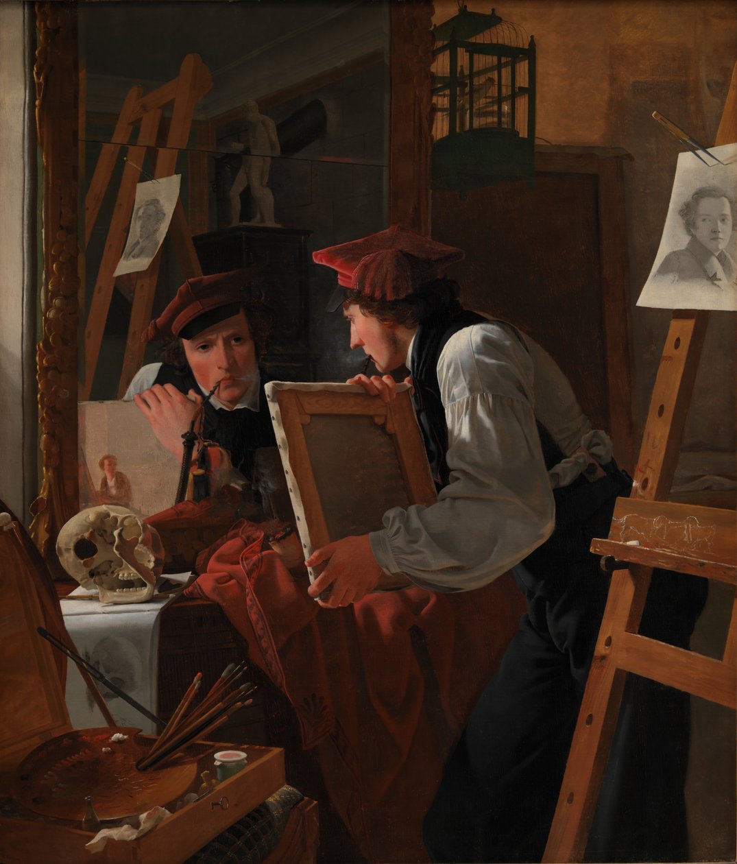 Um jovem artista (Ditlev Blunck) examinando um esboço em um espelho de Wilhelm Bendz