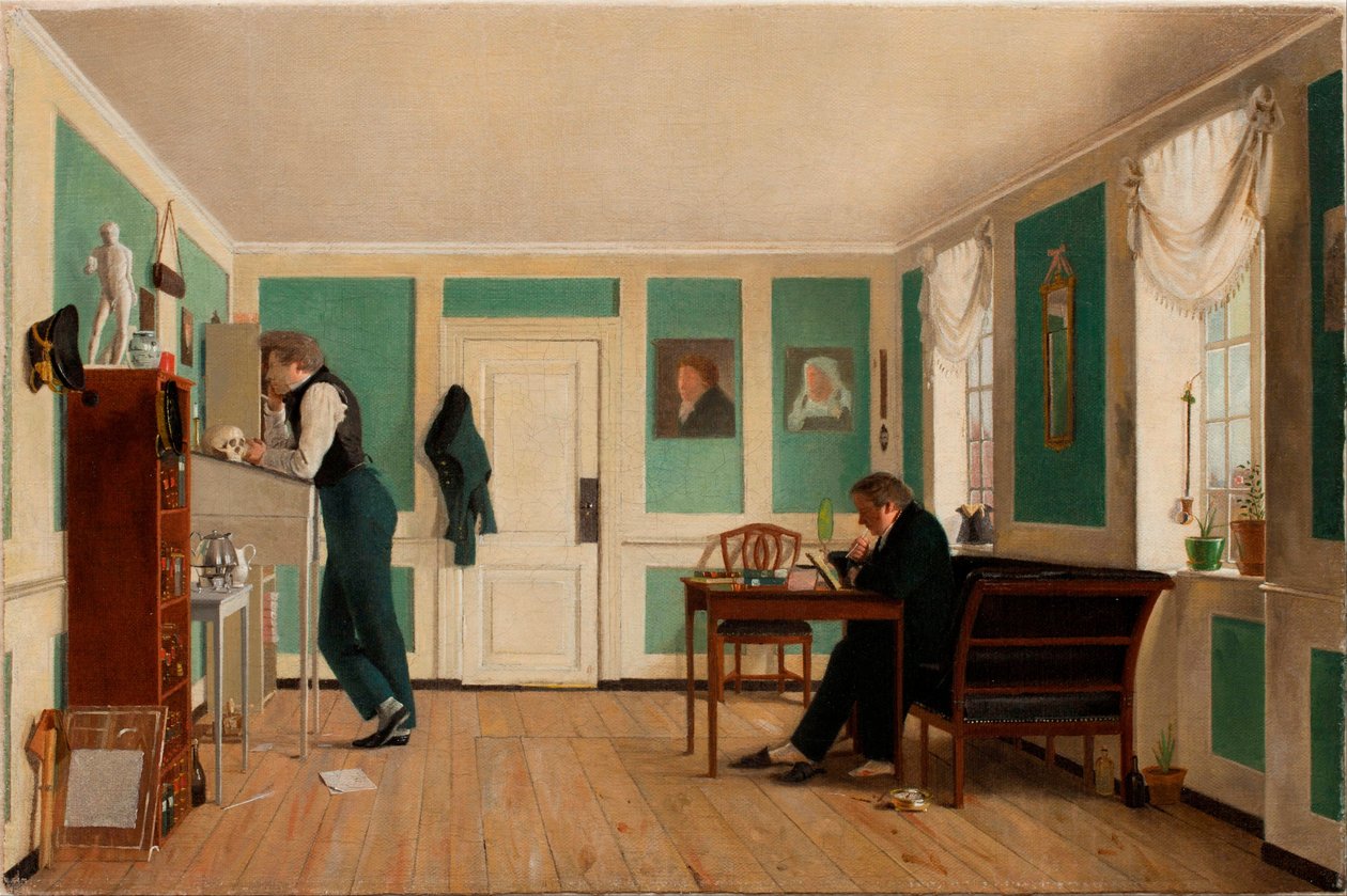 Interior de Amaliegade. Capitão Carl Ludvig Bendz em pé e Dr. Jacob Christian Bendz sentado de Wilhelm Bendz
