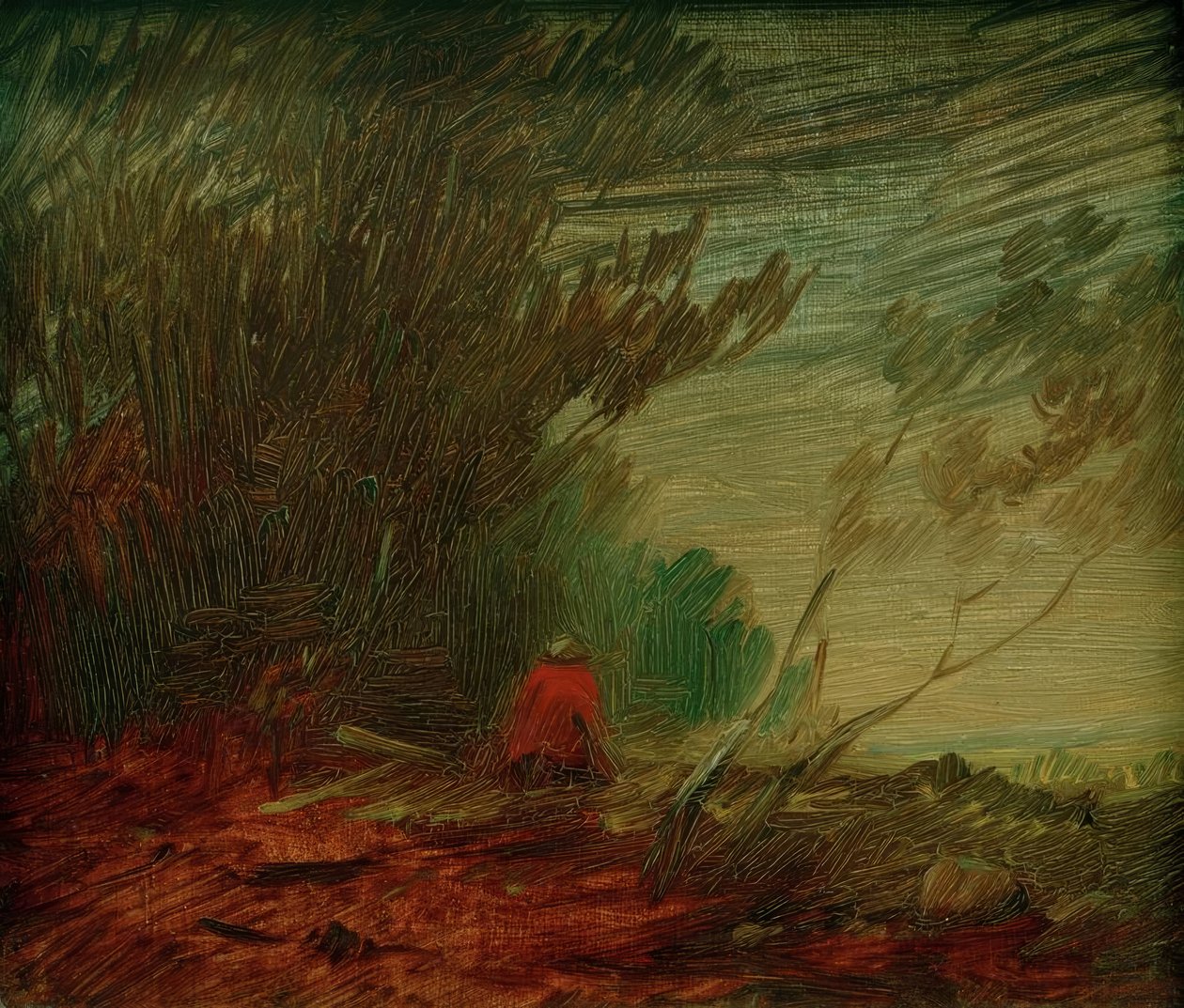 Borda da floresta outonal com sentado jaqueta vermelha de Wilhelm Busch
