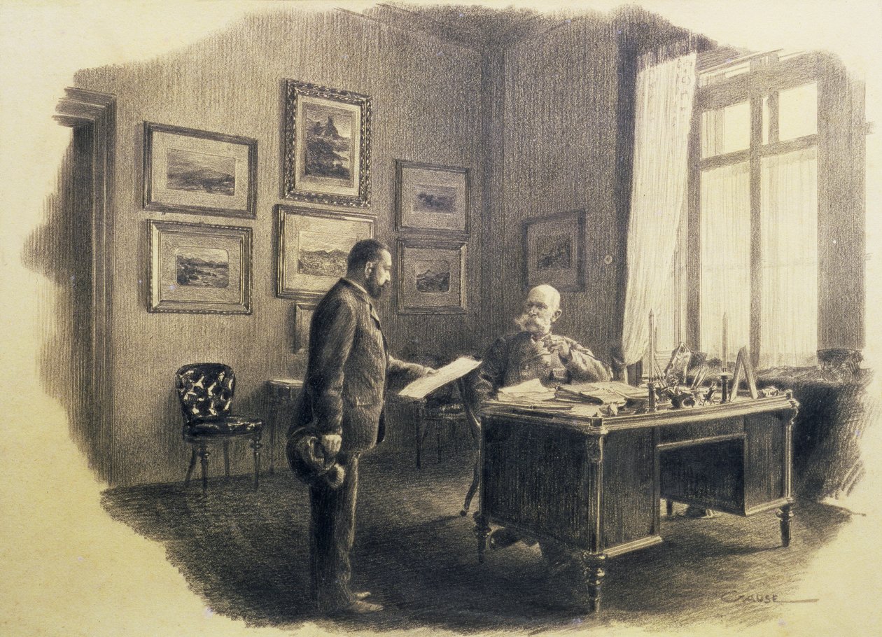 Imperador Franz Joseph I da Áustria (1830-1916) em sua escrivaninha em Jagdrock (lápis) de Wilhelm Gause