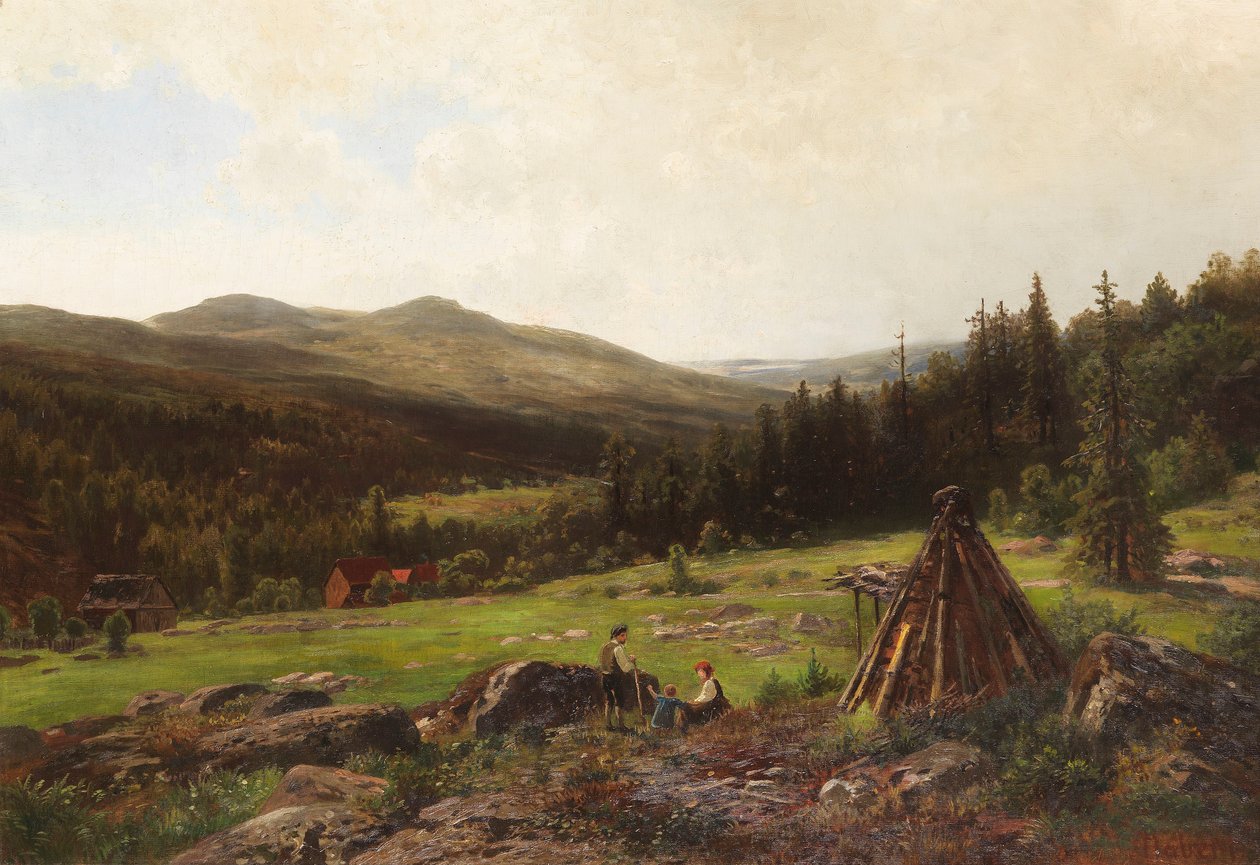 Família de carvão na frente da paisagem montanhosa de Wilhelm Julius August Nabert