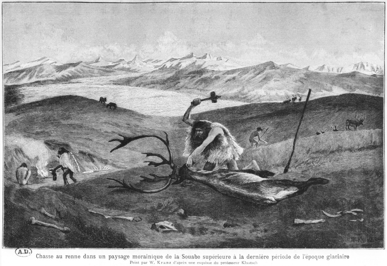 Caça de renas durante o final da Idade do Gelo em uma paisagem mais alta de Souabe, depois de um esboço do professor Klaatsch, c.1900 de Wilhelm Kranz