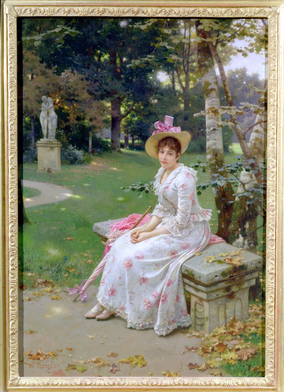 Mulher jovem, esperando, ligado, um, banco parque, com, um, parasol de Wilhelm Menzler