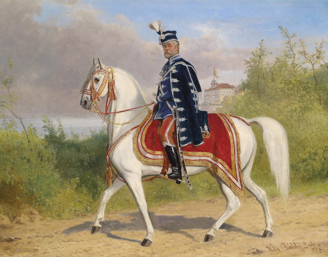 Nobre húngaro (membro da câmara superior) a cavalo, ao fundo Castelo Acsa de Wilhelm Richter